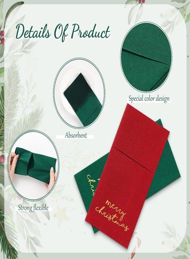 JarThenaAMCS مناديل جارثينا إيه إم سي إس، 50 قطعة، بتصميم كتان ناعم الملمس، مطلية برقائق ذهبية، للاستخدام مرة واحدة، مصنوعة من ورق مقوى خفيف الوزن، باللونين الأحمر والأخضر، مطوية مسبقًا، مع جيب مدمج لأدوات المائدة، مثالية لمستلزمات حفلات عيد الميلاد الشتوية. - Image 3